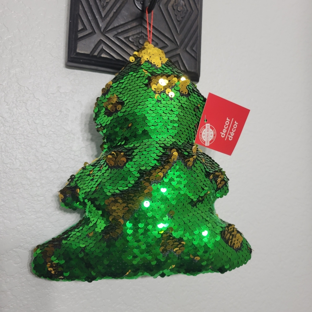 Flip Sequins Christmas Tree pillow, green and gold  NEW